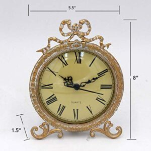 Funly mee Vintage Pewter Table Clock with Antique Golden Bow（Plexiglass Shell）