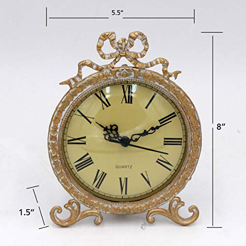 Funly mee Vintage Pewter Table Clock with Antique Golden Bow（Plexiglass Shell）