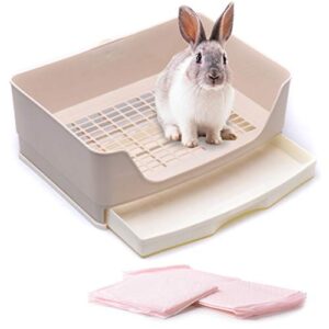 calpalmy large rabbit litter box (16" x 11.8" x 6.3") with 4 bonus ultra absorbent pet toilet training pads - easy to clean rabbit and guinea pig litter box with litter drawer and free no-leak pads