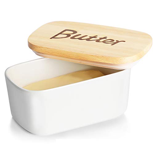 Ceramics Butter Dish with Wooden Lid- Large Covered Butter Holder for Countertop, Butter Keeper Container Perfect for Holds 2X 4oz West/East Coast Butter, White