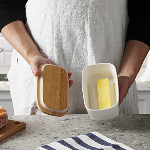 Ceramics Butter Dish with Wooden Lid- Large Covered Butter Holder for Countertop, Butter Keeper Container Perfect for Holds 2X 4oz West/East Coast Butter, White