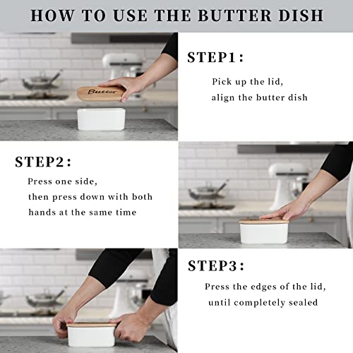 Ceramics Butter Dish with Wooden Lid- Large Covered Butter Holder for Countertop, Butter Keeper Container Perfect for Holds 2X 4oz West/East Coast Butter, White