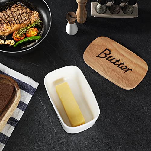 Ceramics Butter Dish with Wooden Lid- Large Covered Butter Holder for Countertop, Butter Keeper Container Perfect for Holds 2X 4oz West/East Coast Butter, White