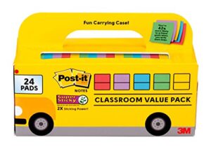 post-it super sticky notes, classroom value pack, 24 pads/pack, 2x the sticking power, 3 in. x 3 in, bright colors (654-24ssan-bus)