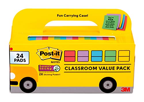 Post-it Super Sticky Notes, Classroom Value Pack, 24 Pads/Pack, 2X The Sticking Power, 3 in. X 3 in, Bright Colors (654-24SSAN-BUS)