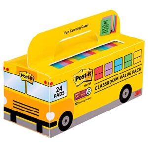 Post-it Super Sticky Notes, Classroom Value Pack, 24 Pads/Pack, 2X The Sticking Power, 3 in. X 3 in, Bright Colors (654-24SSAN-BUS)