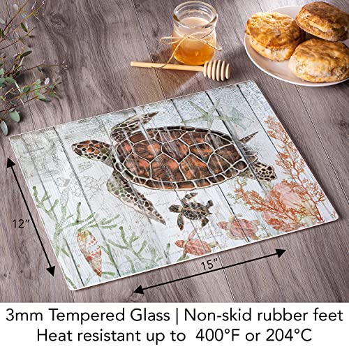 CounterArt Shoreline Shells Sea Turtle 3mm Heat Tolerant Tempered Glass Cutting Board 15” x 12” Manufactured in the USA Dishwasher Safe