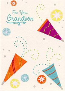 designer greetings three party horns and swirling dots birthday card for grandson