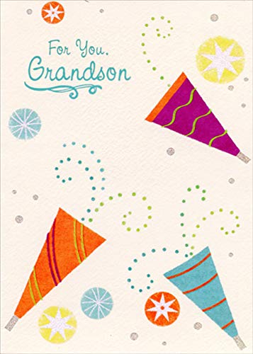 Designer Greetings Three Party Horns and Swirling Dots Birthday Card for Grandson