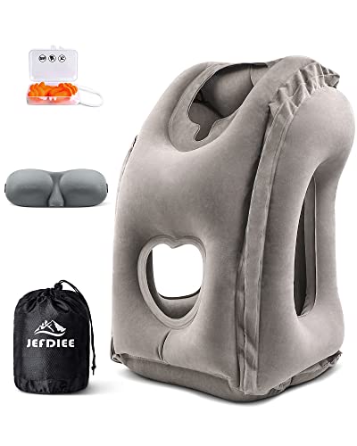 JefDiee Inflatable Travel Pillow, Airplane Neck Pillow Comfortably Supports Head and Chin for Airplanes, Trains, Cars and Office Napping with 3D Eye Mask, Earplugs and Portable Drawstring Bag (Grey)