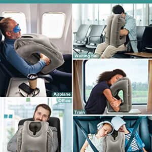 JefDiee Inflatable Travel Pillow, Airplane Neck Pillow Comfortably Supports Head and Chin for Airplanes, Trains, Cars and Office Napping with 3D Eye Mask, Earplugs and Portable Drawstring Bag (Grey)