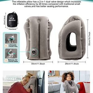 JefDiee Inflatable Travel Pillow, Airplane Neck Pillow Comfortably Supports Head and Chin for Airplanes, Trains, Cars and Office Napping with 3D Eye Mask, Earplugs and Portable Drawstring Bag (Grey)