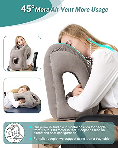 JefDiee Inflatable Travel Pillow, Airplane Neck Pillow Comfortably Supports Head and Chin for Airplanes, Trains, Cars and Office Napping with 3D Eye Mask, Earplugs and Portable Drawstring Bag (Grey)