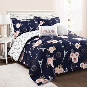 lush decor navy vintage paris rose butterfly 7-piece comforter bed set, reversible bedding (full/queen)