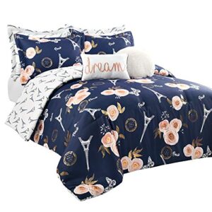 Lush Decor Navy Vintage Paris Rose Butterfly 7-Piece Comforter Bed Set, Reversible Bedding (Full/Queen)
