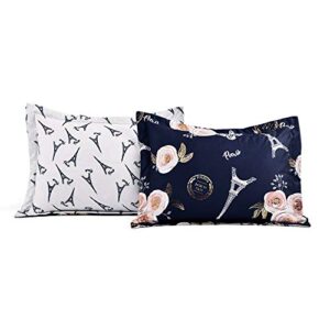 Lush Decor Navy Vintage Paris Rose Butterfly 7-Piece Comforter Bed Set, Reversible Bedding (Full/Queen)