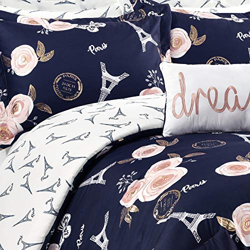 Lush Decor Navy Vintage Paris Rose Butterfly 7-Piece Comforter Bed Set, Reversible Bedding (Full/Queen)