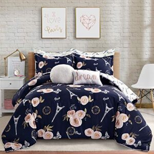 Lush Decor Navy Vintage Paris Rose Butterfly 7-Piece Comforter Bed Set, Reversible Bedding (Full/Queen)