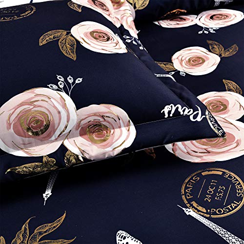 Lush Decor Navy Vintage Paris Rose Butterfly 7-Piece Comforter Bed Set, Reversible Bedding (Full/Queen)