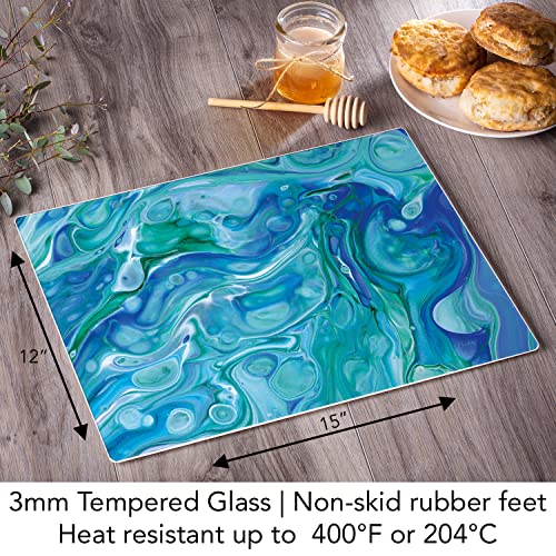 CounterArt Ocean Vibe Blue Swirls 3mm Heat Tolerant Tempered Glass Cutting Board 15” x 12” Manufactured in the USA Dishwasher Safe