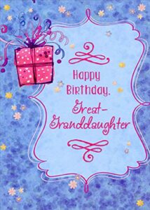 designer greetings pink present on blue background birthday card for great-granddaughter
