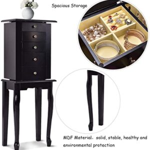 HOMGX (Black, Jewelry Cabinet with Mirror, Armoire Box Storage Chest, Stand Organizer with 5 Drawers & 8 Necklace Hooks