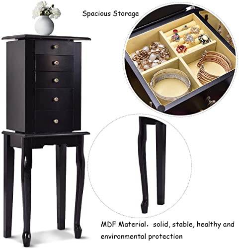 HOMGX (Black, Jewelry Cabinet with Mirror, Armoire Box Storage Chest, Stand Organizer with 5 Drawers & 8 Necklace Hooks