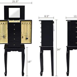 HOMGX (Black, Jewelry Cabinet with Mirror, Armoire Box Storage Chest, Stand Organizer with 5 Drawers & 8 Necklace Hooks