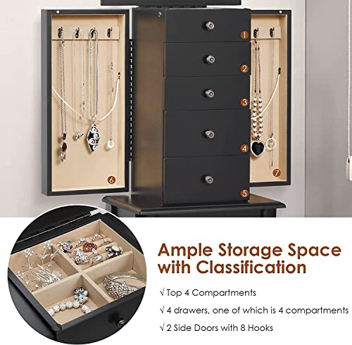 HOMGX (Black, Jewelry Cabinet with Mirror, Armoire Box Storage Chest, Stand Organizer with 5 Drawers & 8 Necklace Hooks