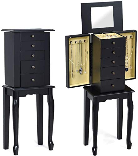 HOMGX (Black, Jewelry Cabinet with Mirror, Armoire Box Storage Chest, Stand Organizer with 5 Drawers & 8 Necklace Hooks