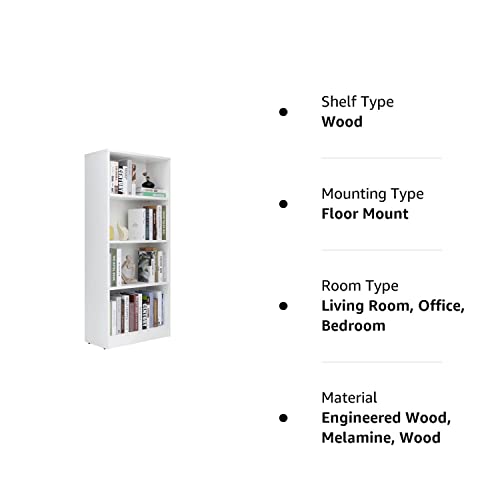 4 Shelf Wood Bookcase Freestanding Display Shelf Adjustable Layers Bookshelf for Home Office Library Small Narrow Space(24.4W x 11.6D x 55.9H inch,White,4-Layers)