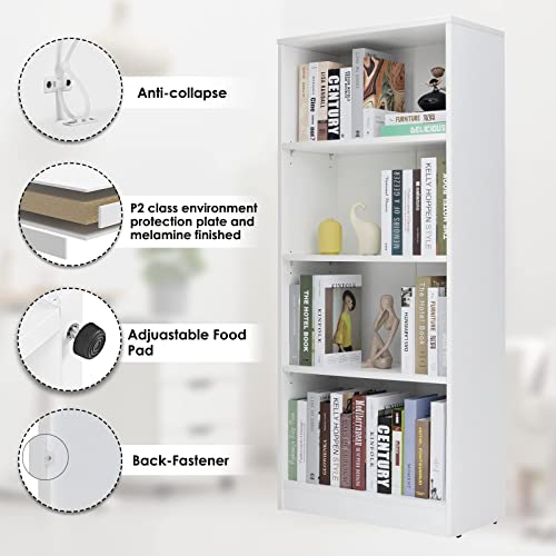 4 Shelf Wood Bookcase Freestanding Display Shelf Adjustable Layers Bookshelf for Home Office Library Small Narrow Space(24.4W x 11.6D x 55.9H inch,White,4-Layers)