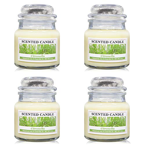 Soyyla Citronella Candles Outdoor and Indoor, 4 Packs of 4 oz Portable Glass Jar Candle, Natural Soy Wax Off Candles Set for Home Patio Camping Beach Themed Gifts