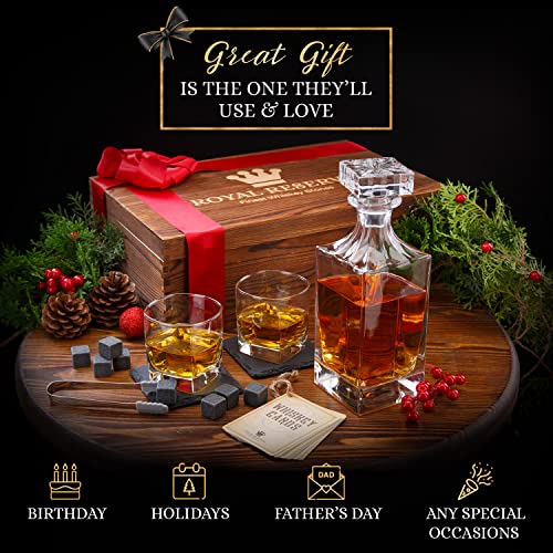 Whiskey Decanter Gift Set by Royal Reserve | Husband Birthday Gifts Artisan Crafted Chilling Rocks Stones Scotch Bourbon Holder – Gift for Men Dad Boyfriend Anniversary