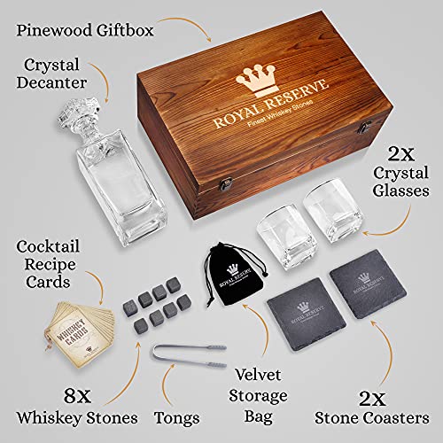 Whiskey Decanter Gift Set by Royal Reserve | Husband Birthday Gifts Artisan Crafted Chilling Rocks Stones Scotch Bourbon Holder – Gift for Men Dad Boyfriend Anniversary