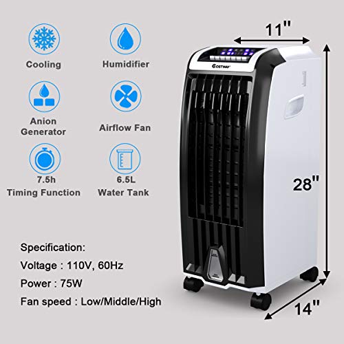 COSTWAY Evaporative Cooler, 4-in-1 Cooling, Fan, Humidifier and Anion, with 3 Wind Modes, 3 Speeds, 7.5H Timer, Portable air cooler with Remote, Built-in Handle, 4 Wheels for Home, Office