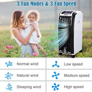 COSTWAY Evaporative Cooler, 4-in-1 Cooling, Fan, Humidifier and Anion, with 3 Wind Modes, 3 Speeds, 7.5H Timer, Portable air cooler with Remote, Built-in Handle, 4 Wheels for Home, Office