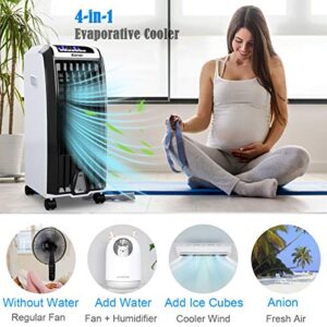 COSTWAY Evaporative Cooler, 4-in-1 Cooling, Fan, Humidifier and Anion, with 3 Wind Modes, 3 Speeds, 7.5H Timer, Portable air cooler with Remote, Built-in Handle, 4 Wheels for Home, Office