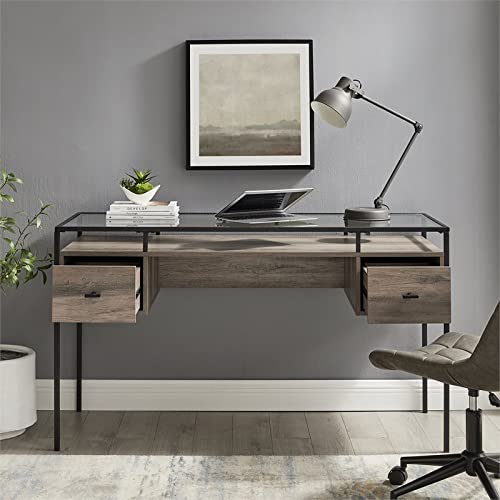 Walker Edison Writing Desk, 56, Glass Top 2 Drawer Computer, 56 Inch, Grey Wash