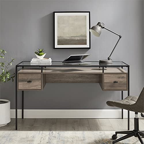 Walker Edison Writing Desk, 56, Glass Top 2 Drawer Computer, 56 Inch, Grey Wash