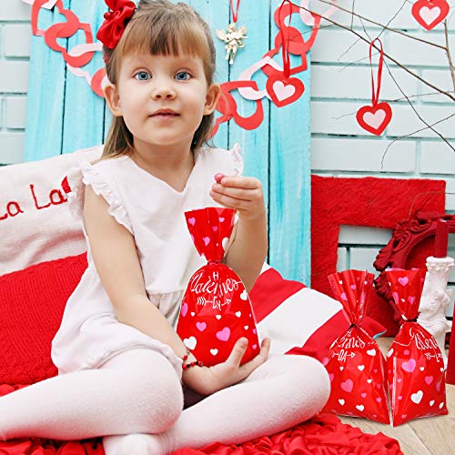 100 Pieces Valentine Cellophane Bags Heart Shaped Red Treat Bags Happy Valentine's Day Bags with Twist Ties for Candy, Wedding Party Favors