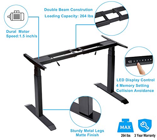 UNICOO - Electric Stand Up Desk Frame with Dual Motor, 3 Stage Up Lifting Legs, Rise UP Electric Adjustable Height and Width Standing Desk Frame with 4 Memory Keypad (Dual Motor Frame - Black)