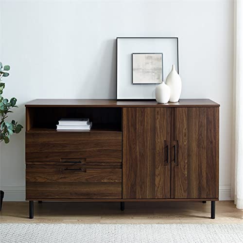 Walker Edison Modern Detailed Cabinet Door and 2 Drawer Storage-Sideboard-Buffet, 56, Dark Walnut