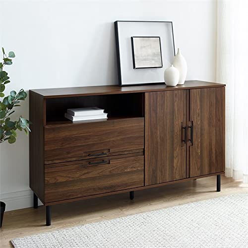 Walker Edison Modern Detailed Cabinet Door and 2 Drawer Storage-Sideboard-Buffet, 56, Dark Walnut