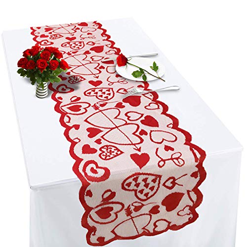 Valentines Table Runner Red Heart Print Valentines Day Decorations 13x72 inches Lace Love Table Runner for Home Wedding Party Valentines Day Table Decorations Long Line for Dinner(Random Style)