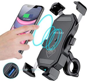imestou motorcycle wireless 15w qi/usb quick charger 3.0 phone holder 2 in 1 mount on 22-32mm handlebar or rear-view mirror fast charging for 3.5-6.8 inch cellphones