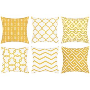 yastouay throw pillow covers set of 6 modern decorative throw pillow cases geometric pillow covers cushion covers for couch sofa bedroom car (yellow and white, 18 x 18 inch)