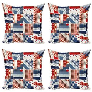 lunarable country throw pillow cushion case pack of 4, country featured mix scottish alternating houndstooth and retro polka dot patterns, modern accent double-sided digital printing, 18", blue red