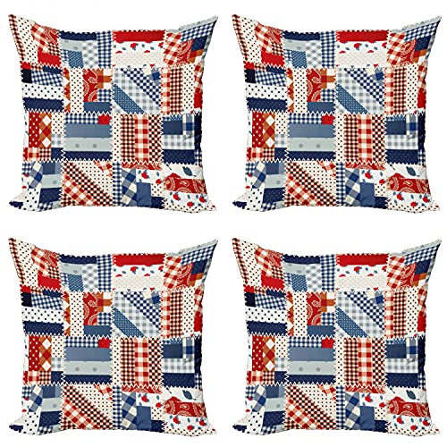 Lunarable Country Throw Pillow Cushion Case Pack of 4, Country Featured Mix Scottish Alternating Houndstooth and Retro Polka Dot Patterns, Modern Accent Double-Sided Digital Printing, 18", Blue Red