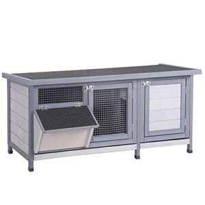 pawhut wooden rabbit hutch bunny hutch cage guinea pig with waterproof roof, no leak tray and feeding trough, indoor/outdoor, gray